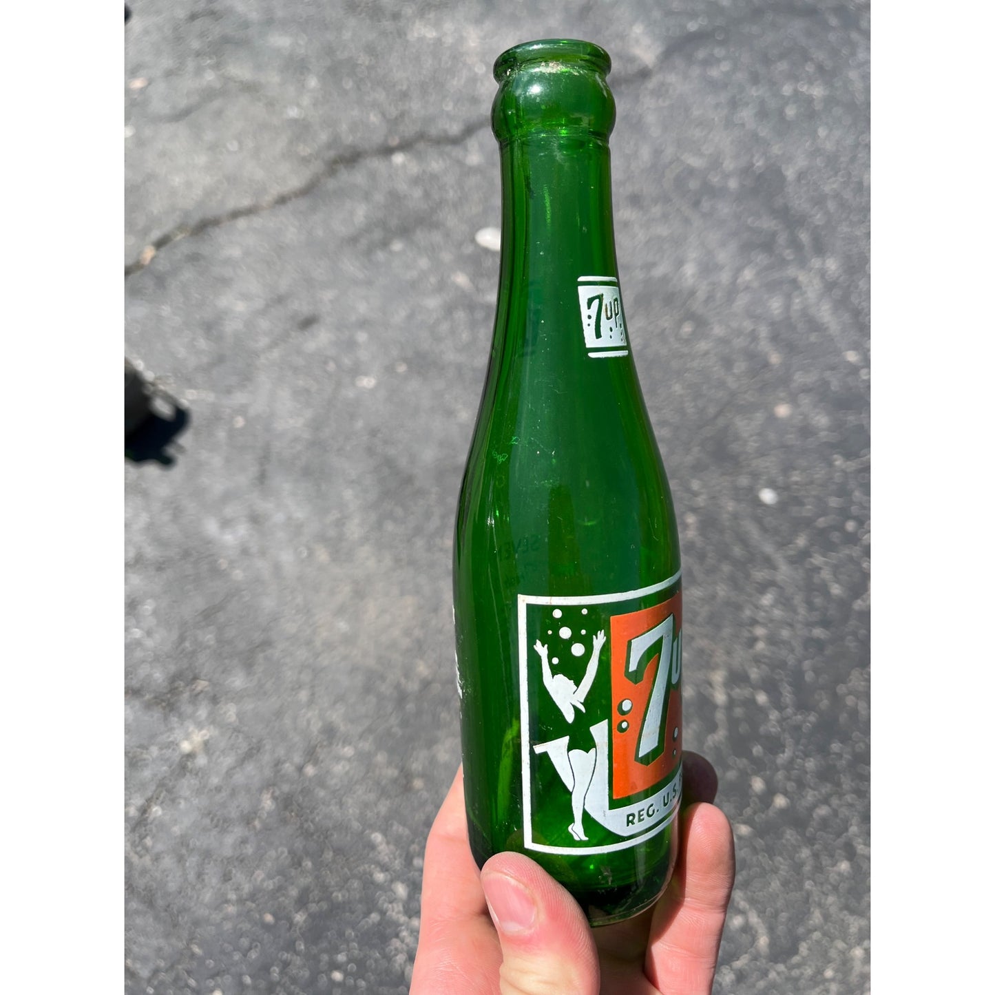 Vintage 7Up Seven-Up Glass Soda Bottle 7oz Swimmer Girl Atlantic Iowa IA