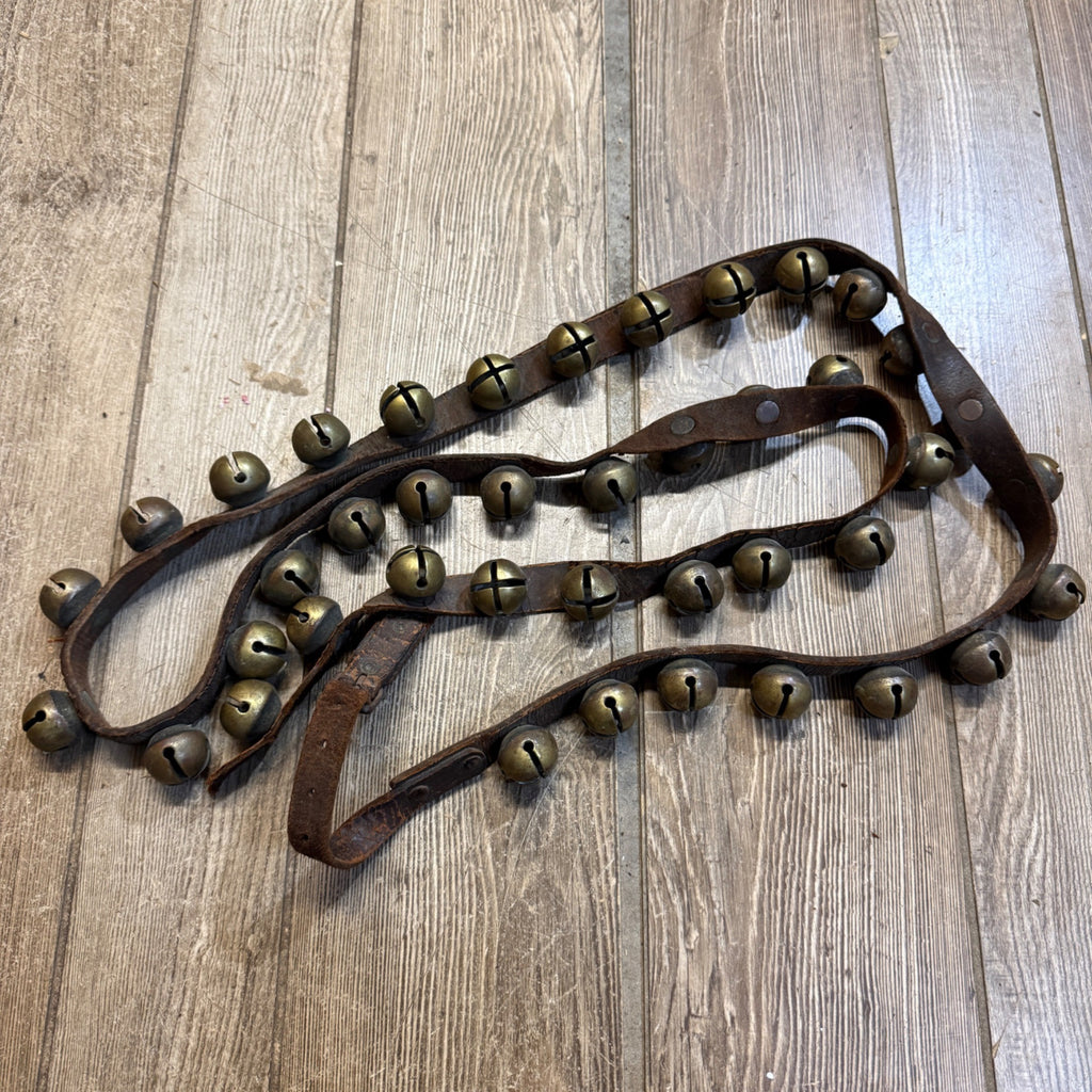 Antique Primitive Old Brass Horse Sleigh Bells Christmas 75" Long Leather