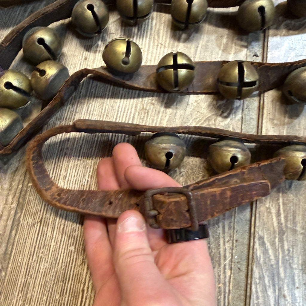 Antique Primitive Old Brass Horse Sleigh Bells Christmas 75" Long Leather
