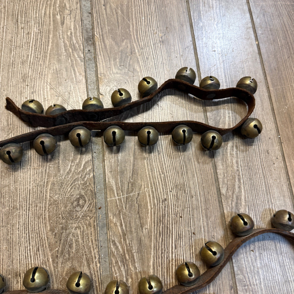 Antique Primitive Old Brass Horse Sleigh Bells Christmas 75" Long Leather