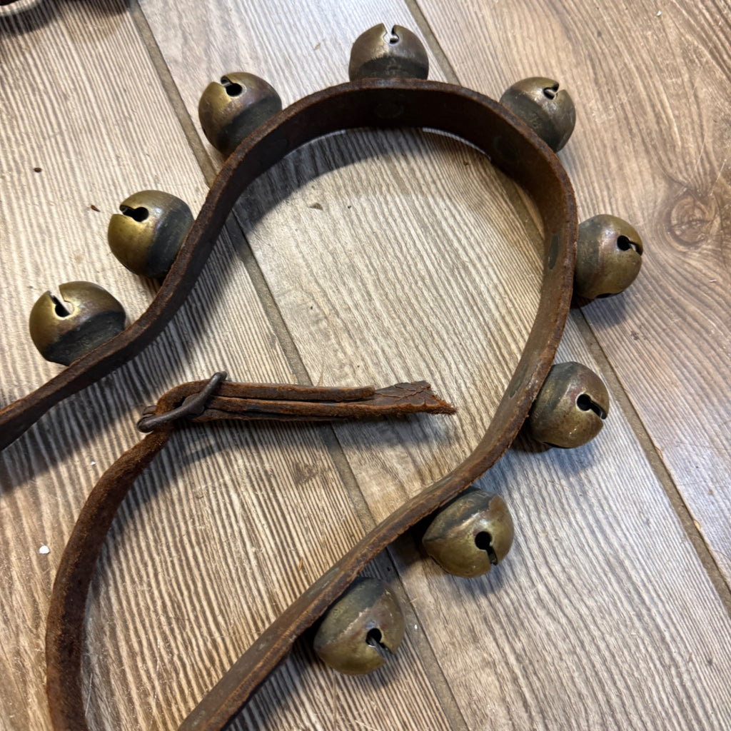 Antique Primitive Old Brass Horse Sleigh Bells Christmas 75" Long Leather