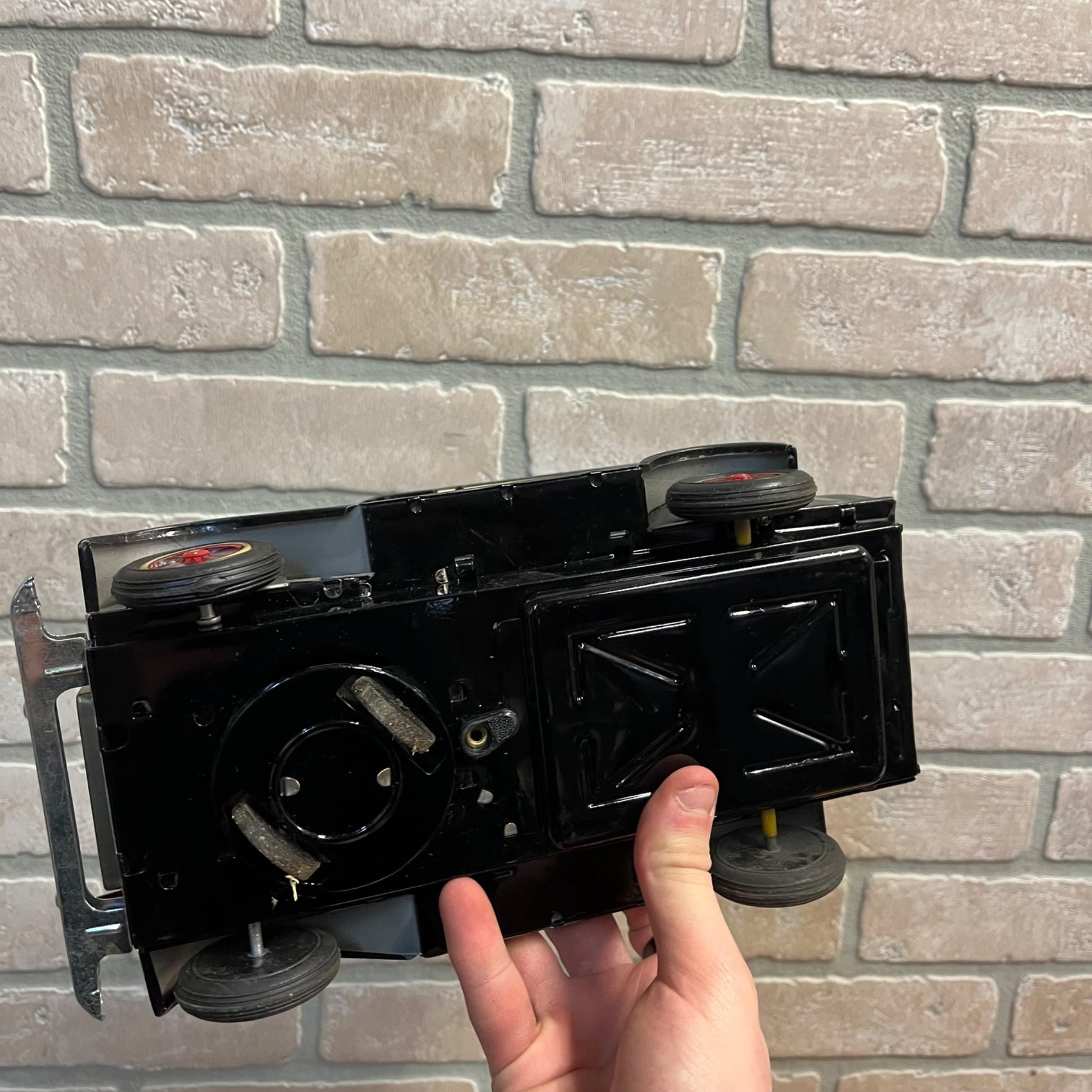 Vintage Japan Tin Battery Operated - Old Fashioned Car Action Toy - WORKS w/ Box