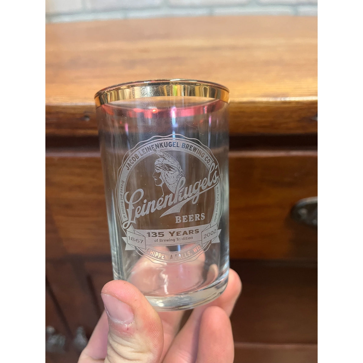 Vintage Leinenkugel's Brewing Co. Beer 135 Years Shell Etched Glass  3.5"