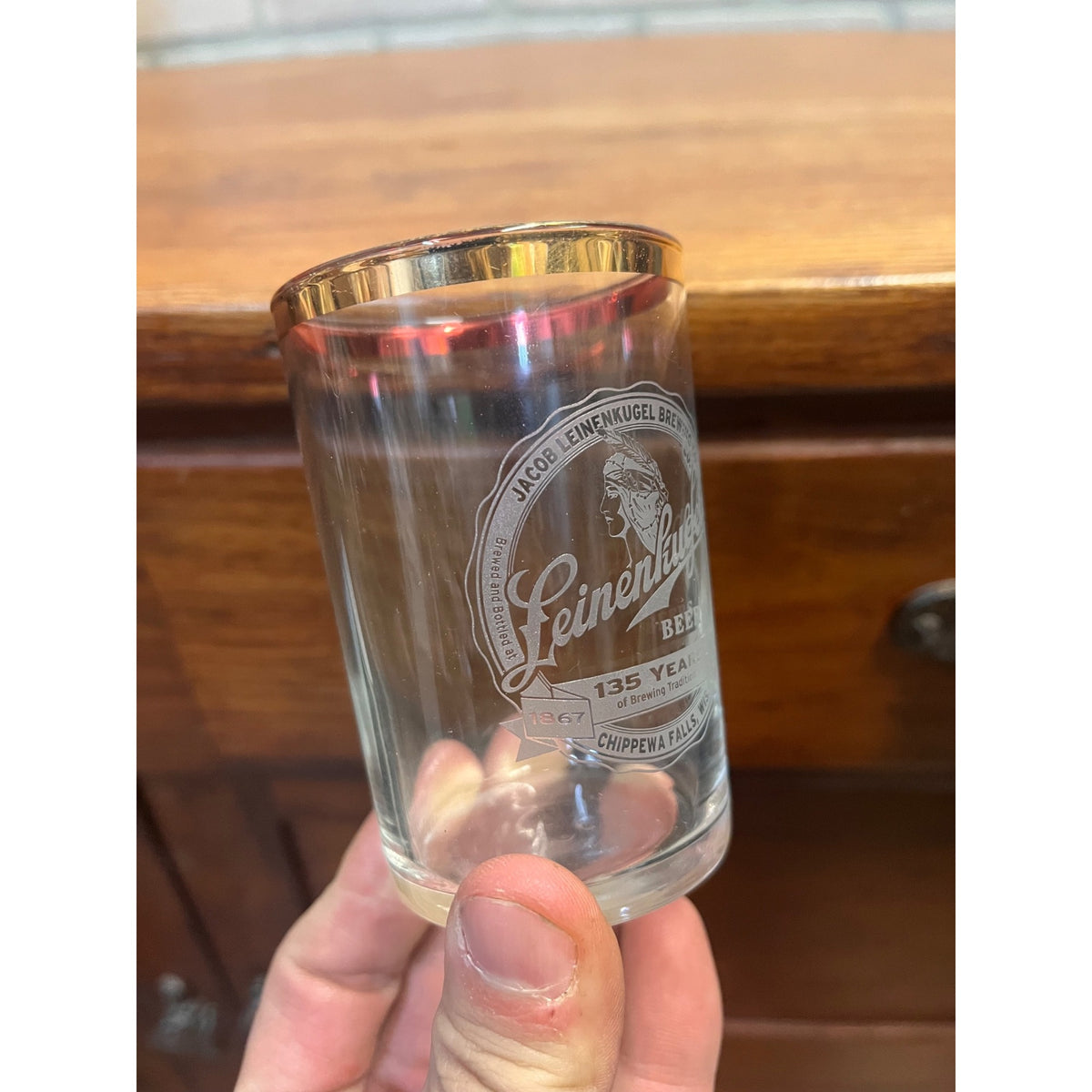 Vintage Leinenkugel's Brewing Co. Beer 135 Years Shell Etched Glass  3.5"