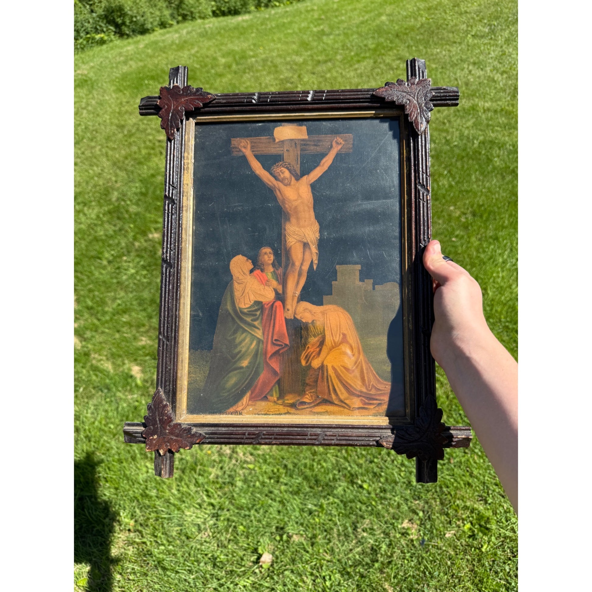 Antique Jesus on the Cross Crucifixion Adirondack Wood Frame Leaves
