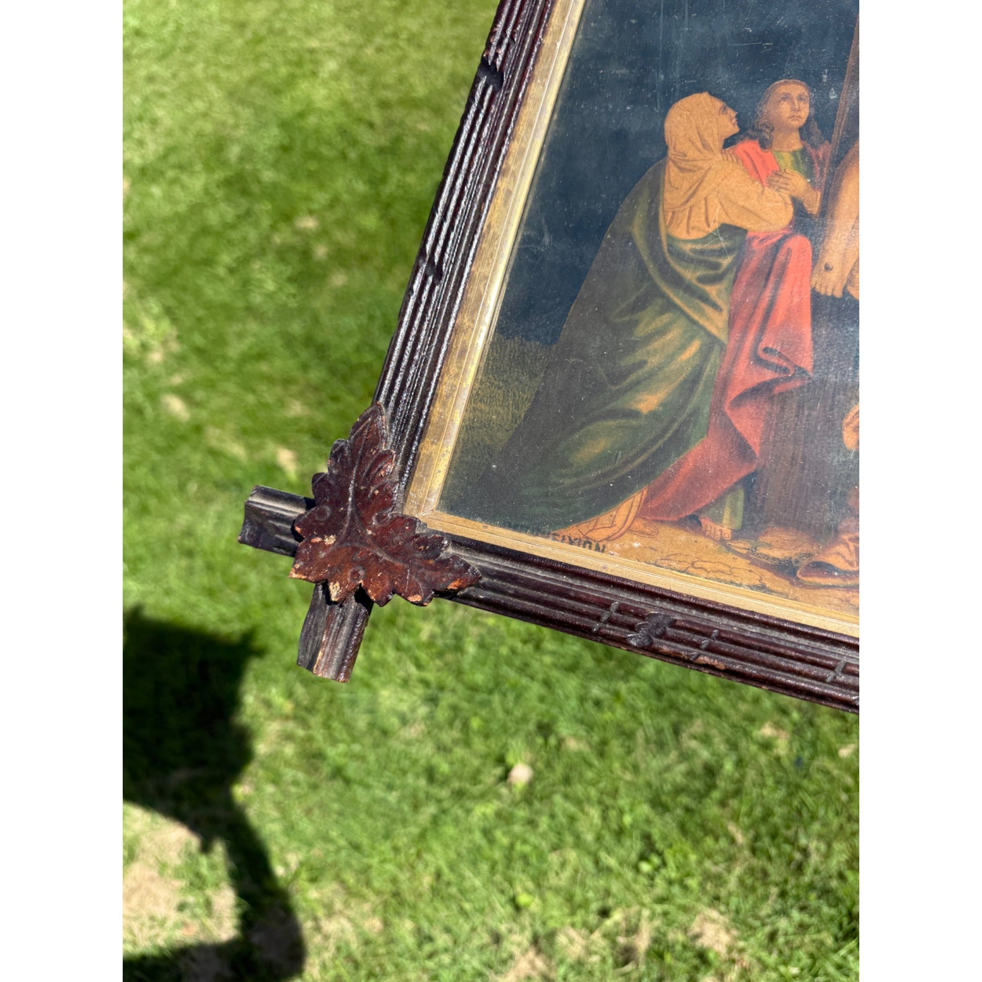 Antique Jesus on the Cross Crucifixion Adirondack Wood Frame Leaves