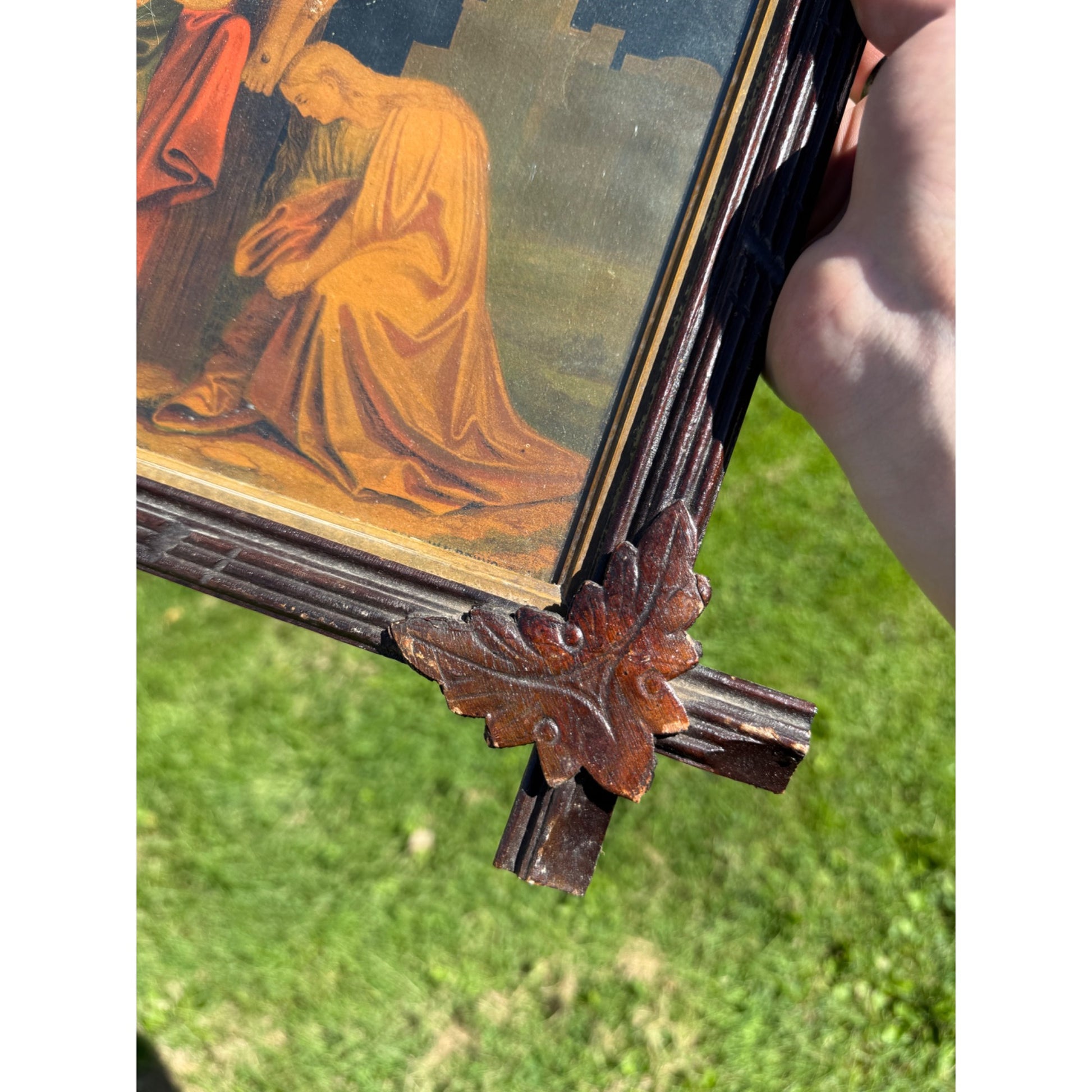 Antique Jesus on the Cross Crucifixion Adirondack Wood Frame Leaves