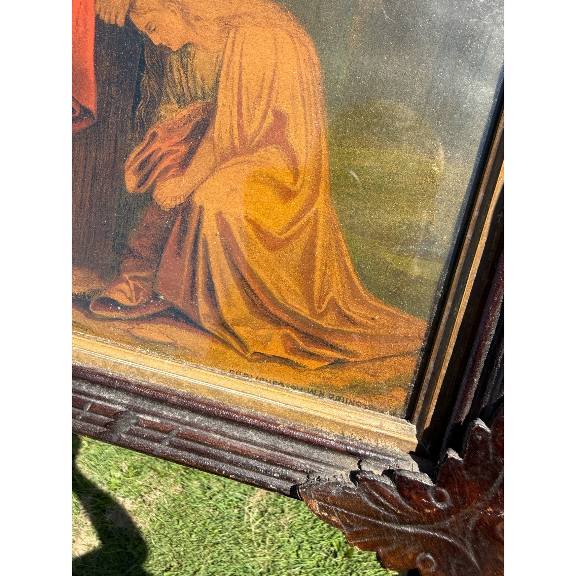 Antique Jesus on the Cross Crucifixion Adirondack Wood Frame Leaves