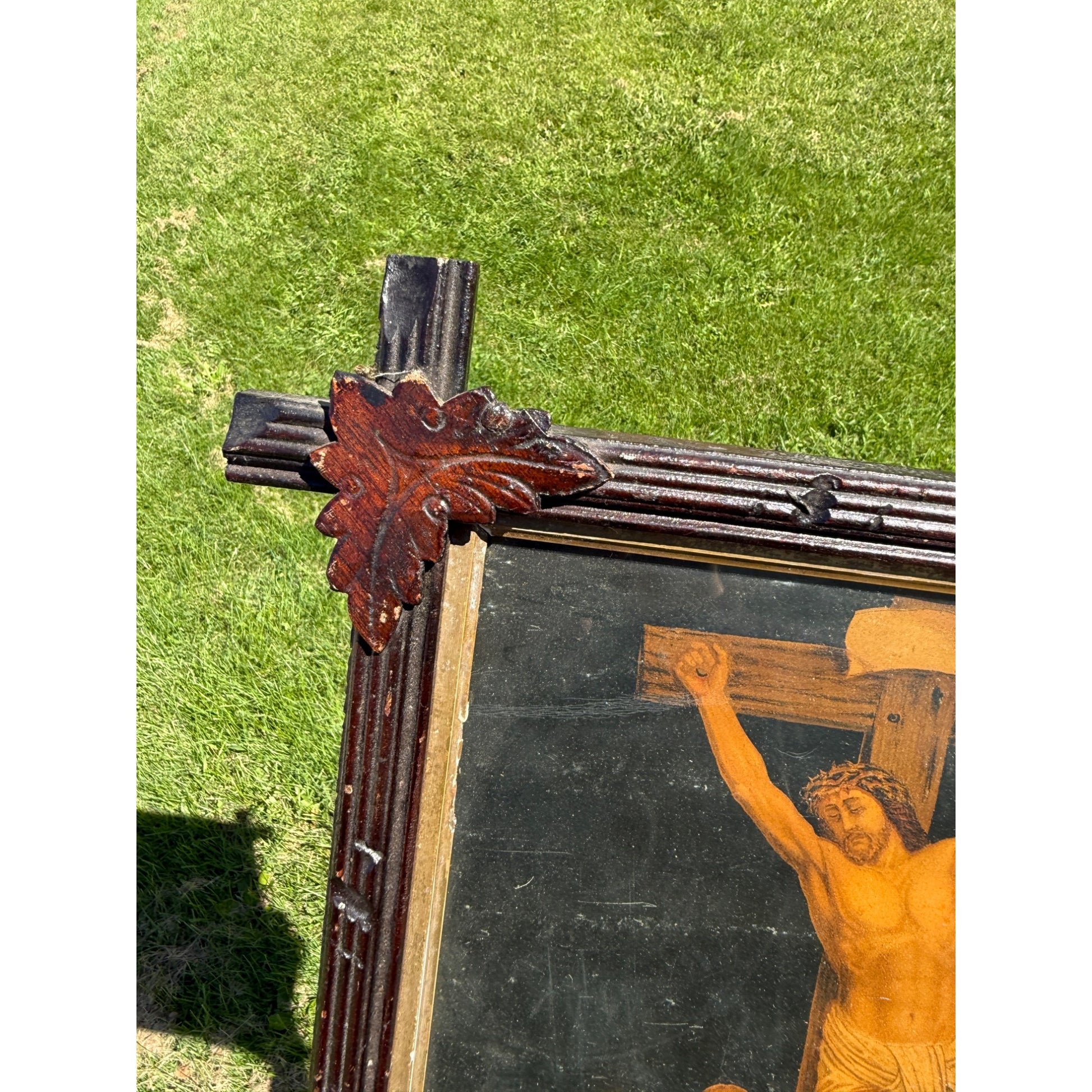 Antique Jesus on the Cross Crucifixion Adirondack Wood Frame Leaves