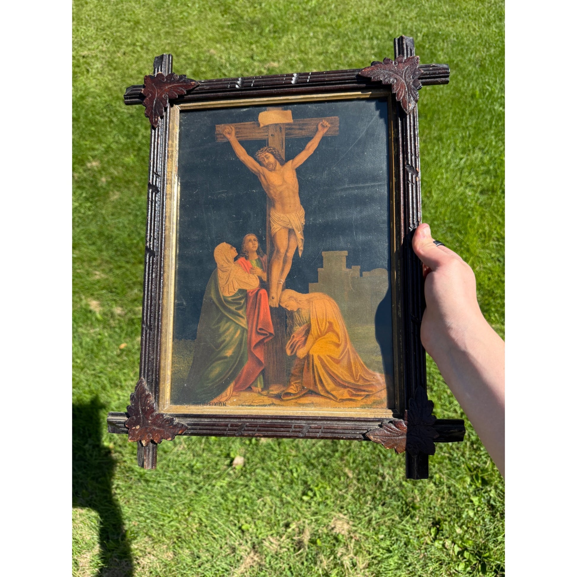 Antique Jesus on the Cross Crucifixion Adirondack Wood Frame Leaves
