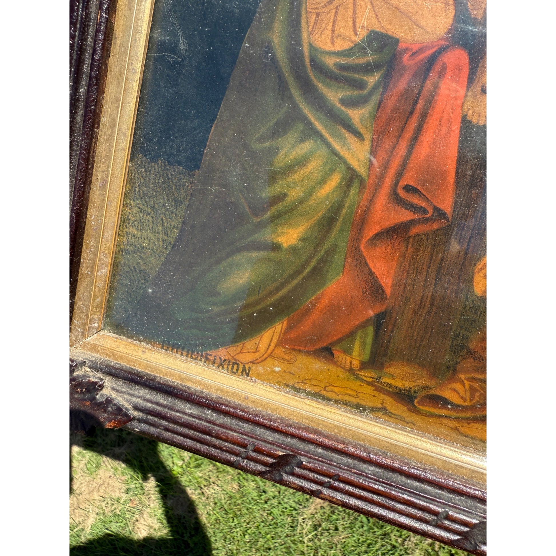 Antique Jesus on the Cross Crucifixion Adirondack Wood Frame Leaves