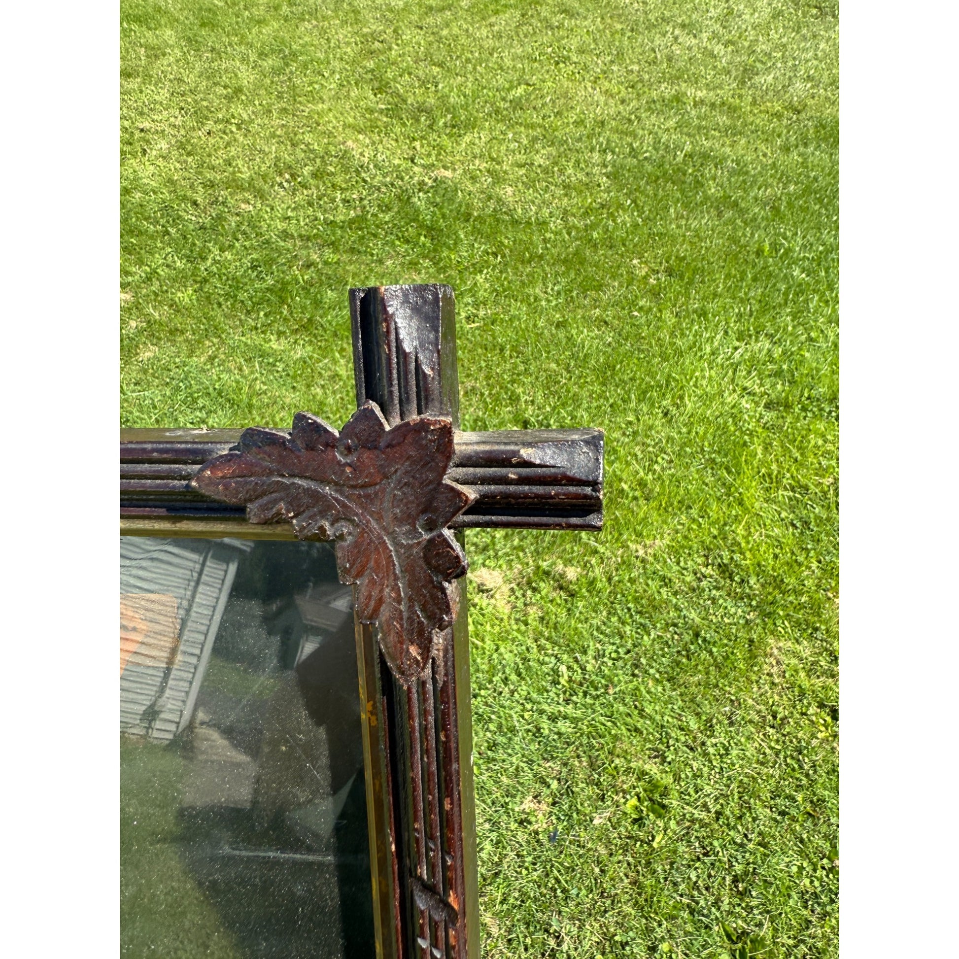 Antique Jesus on the Cross Crucifixion Adirondack Wood Frame Leaves