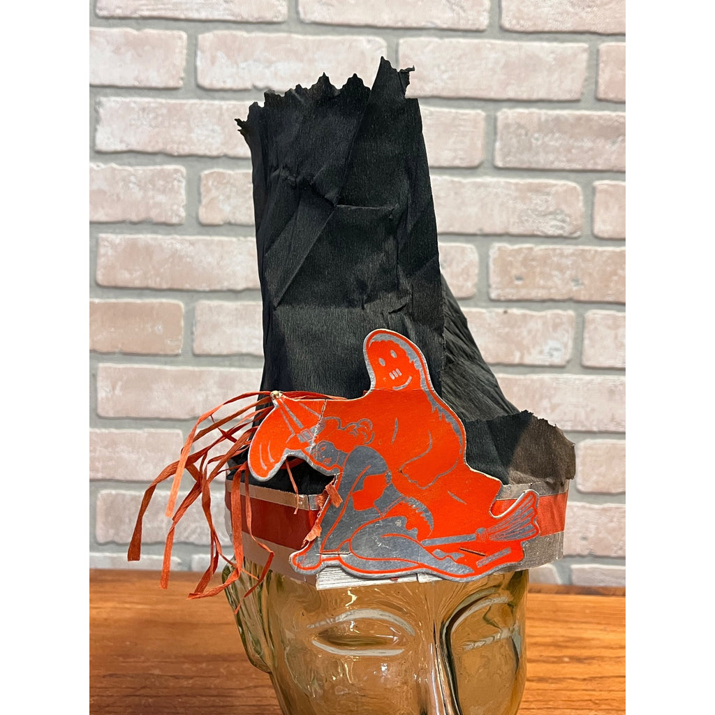 RARE Vintage 1930s Halloween Party Hat Crepe Art Deco Witch & Ghost - Beistle?
