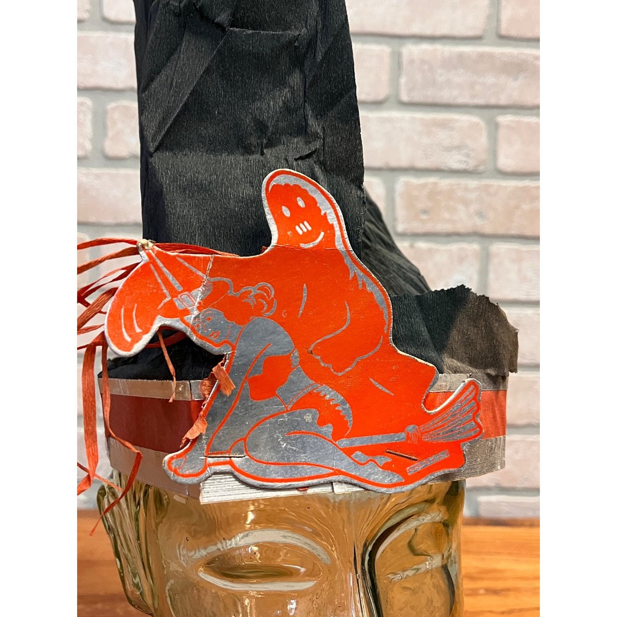 RARE Vintage 1930s Halloween Party Hat Crepe Art Deco Witch & Ghost - Beistle?