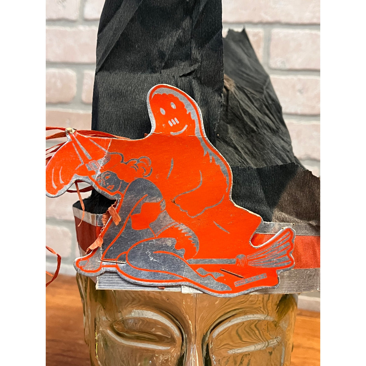 RARE Vintage 1930s Halloween Party Hat Crepe Art Deco Witch & Ghost - Beistle?