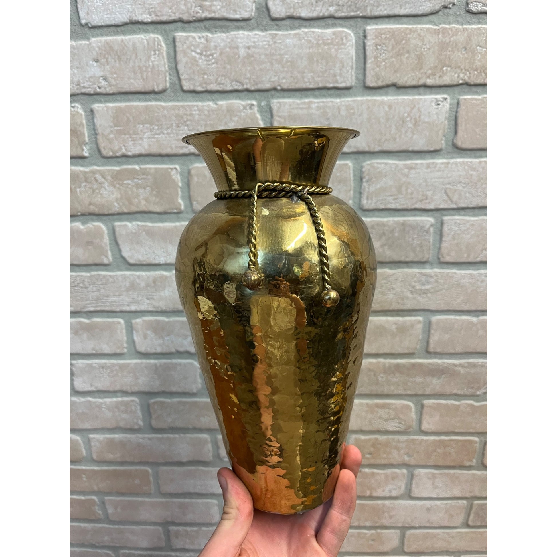 Vintage Tasseled Hammered Brass Flower Vase 9.75" Hollywood Regency MCM