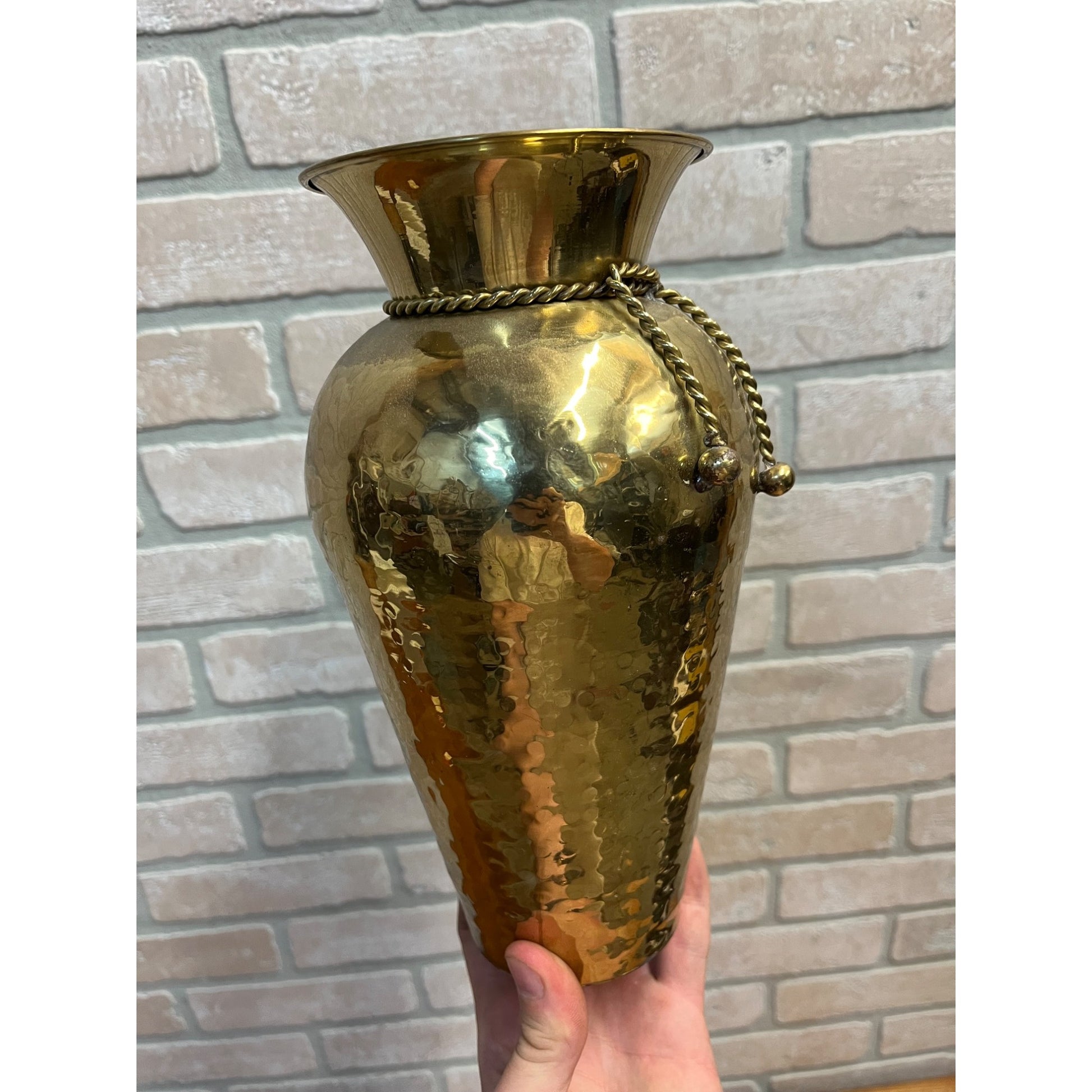 Vintage Tasseled Hammered Brass Flower Vase 9.75" Hollywood Regency MCM
