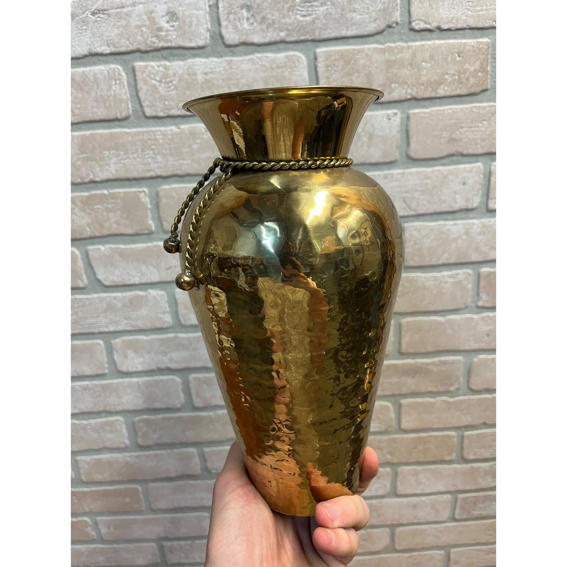 Vintage Tasseled Hammered Brass Flower Vase 9.75" Hollywood Regency MCM
