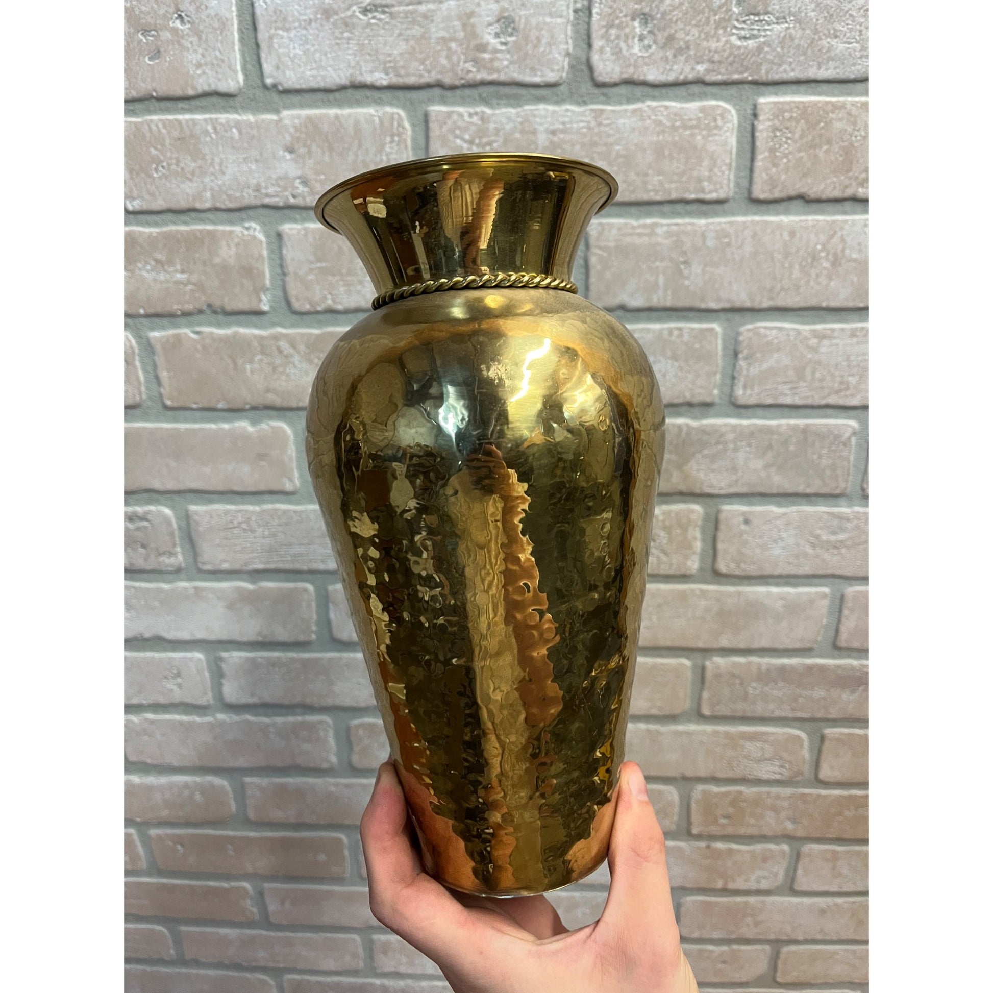 Vintage Tasseled Hammered Brass Flower Vase 9.75" Hollywood Regency MCM