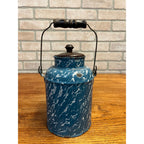 Antique Primitive Blue & White Swirl Enamelware Cream Milk Can Pail Farmhouse Kitchen Decor