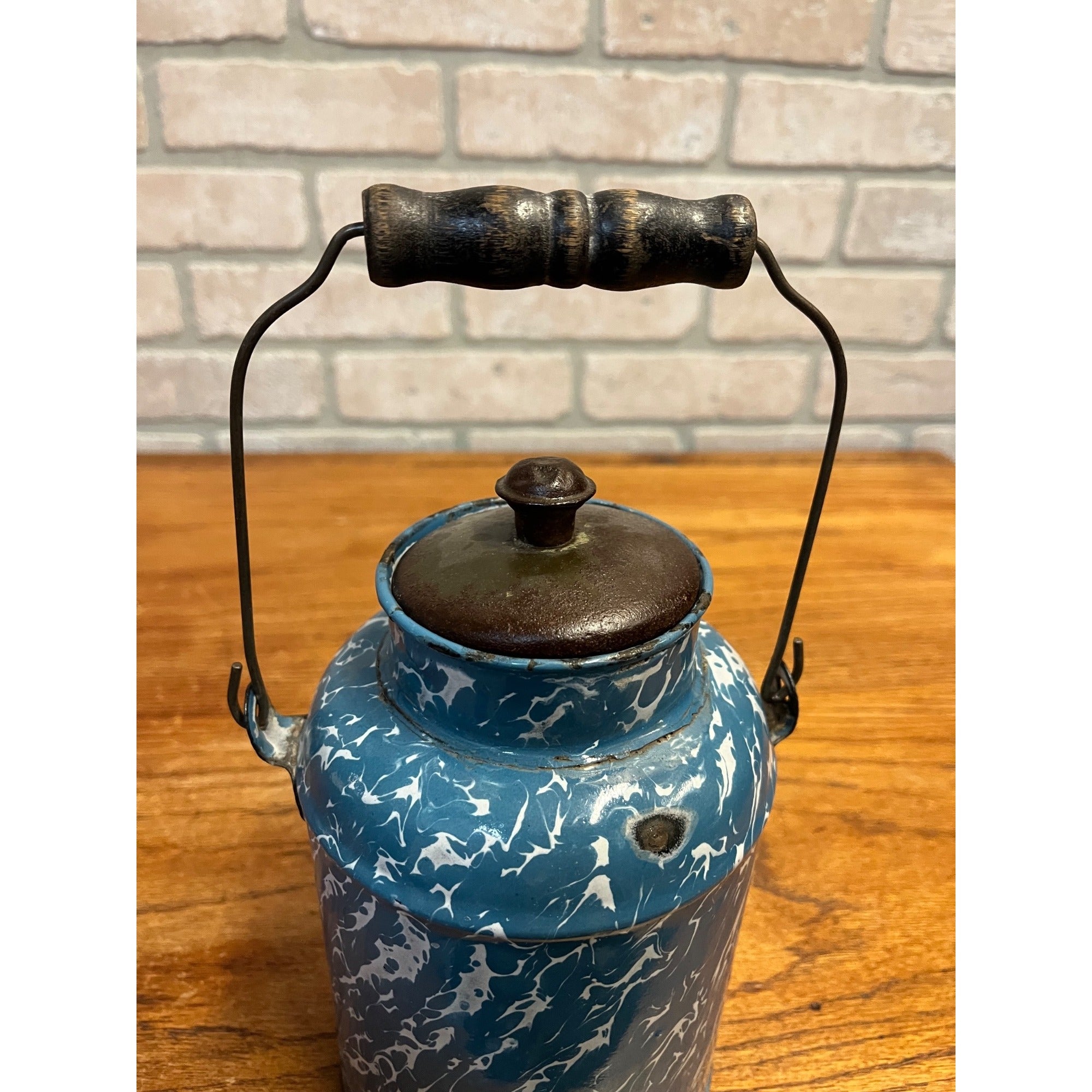 Antique Primitive Blue & White Swirl Enamelware Cream Milk Can Pail Farmhouse Kitchen Decor