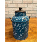 Antique Primitive Blue & White Swirl Enamelware Cream Milk Can Pail Farmhouse Kitchen Decor