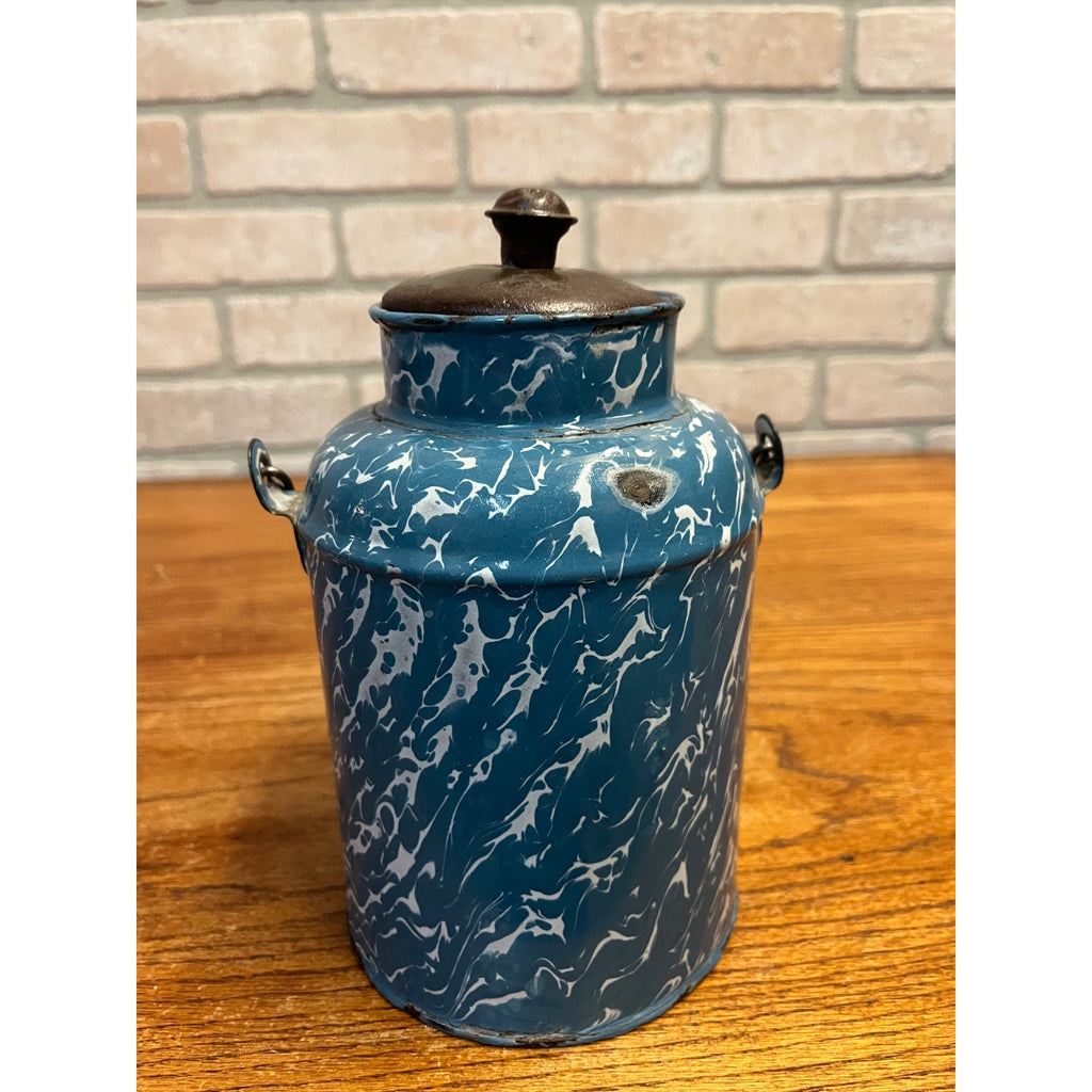 Antique Primitive Blue & White Swirl Enamelware Cream Milk Can Pail Farmhouse Kitchen Decor