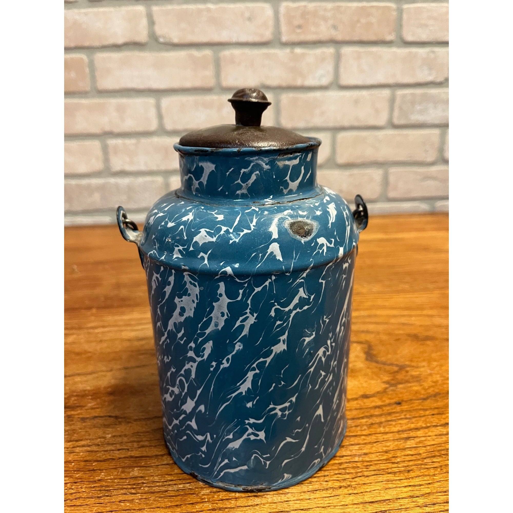 Antique Primitive Blue & White Swirl Enamelware Cream Milk Can Pail Farmhouse Kitchen Decor
