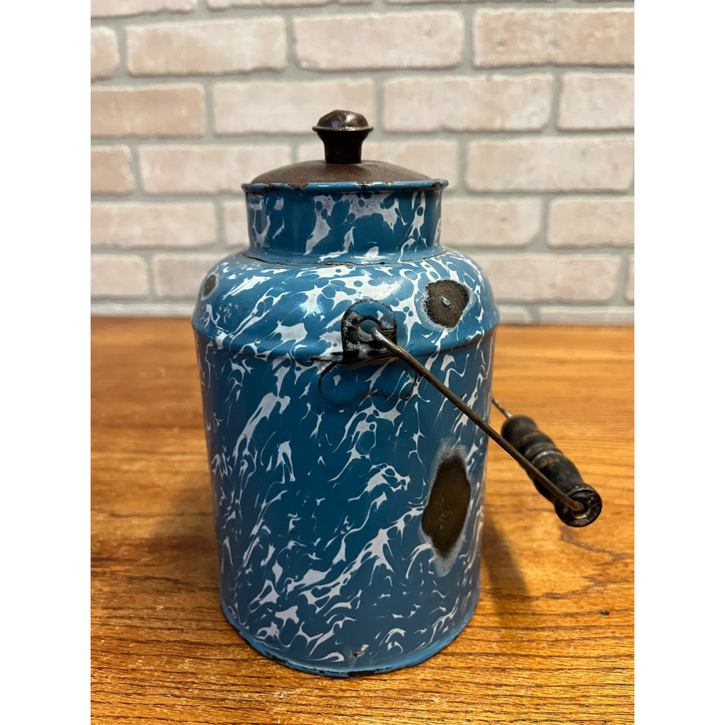 Antique Primitive Blue & White Swirl Enamelware Cream Milk Can Pail Farmhouse Kitchen Decor