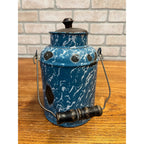 Antique Primitive Blue & White Swirl Enamelware Cream Milk Can Pail Farmhouse Kitchen Decor