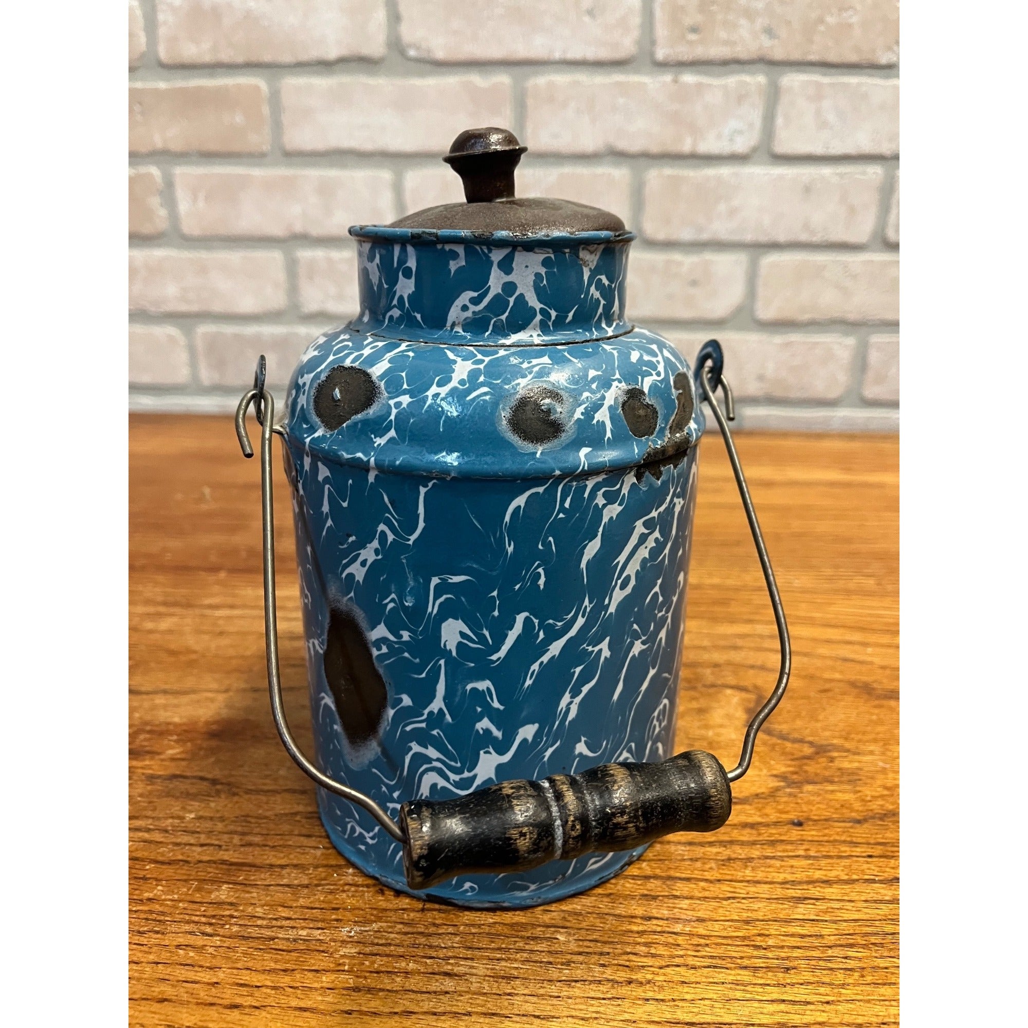 Antique Primitive Blue & White Swirl Enamelware Cream Milk Can Pail Farmhouse Kitchen Decor