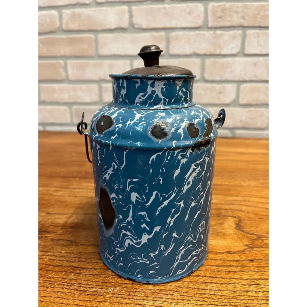 Antique Primitive Blue & White Swirl Enamelware Cream Milk Can Pail Farmhouse Kitchen Decor