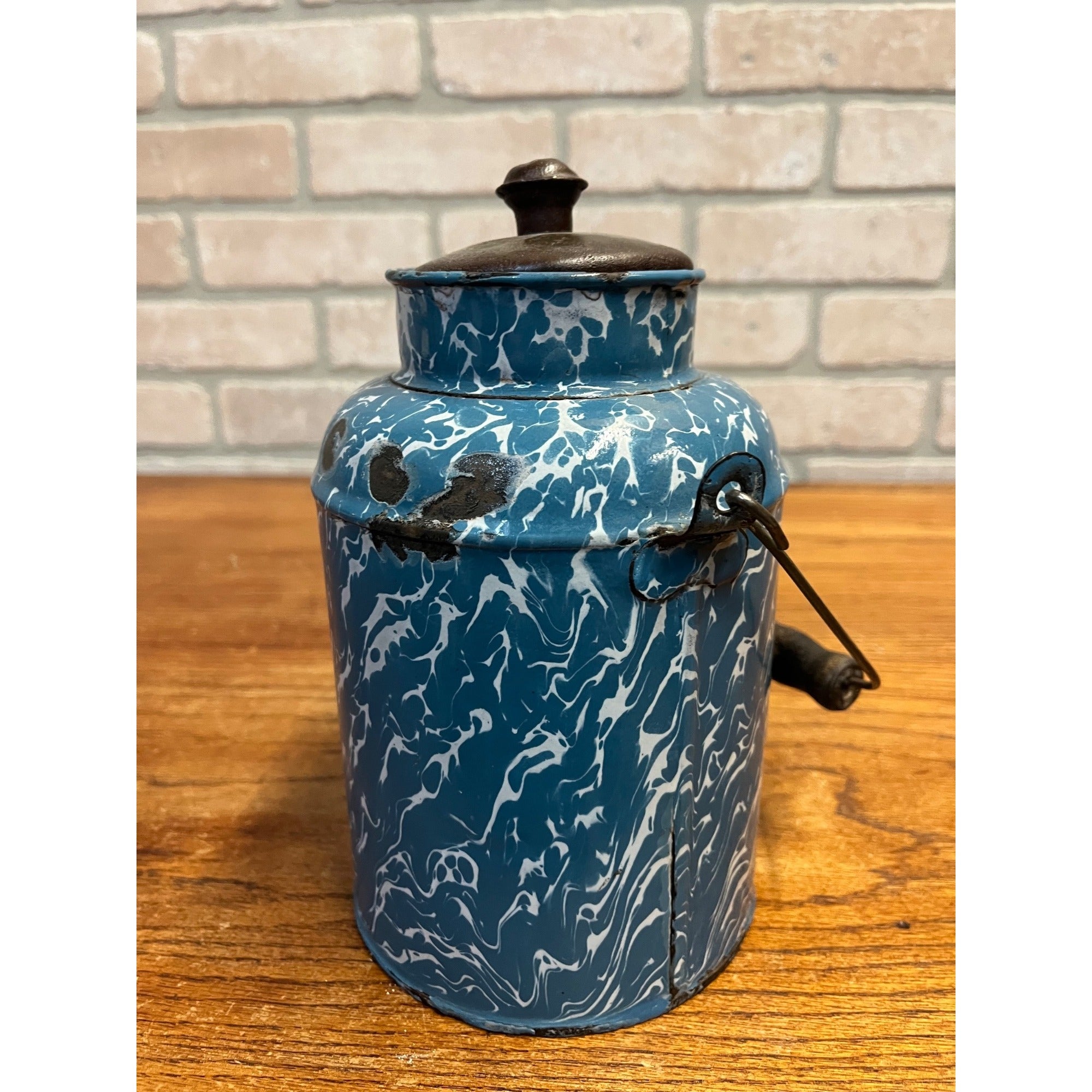 Antique Primitive Blue & White Swirl Enamelware Cream Milk Can Pail Farmhouse Kitchen Decor