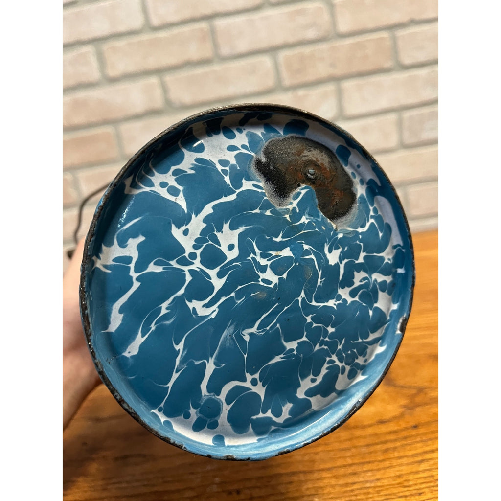 Antique Primitive Blue & White Swirl Enamelware Cream Milk Can Pail Farmhouse Kitchen Decor