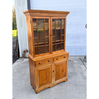 Antique 1800s Pine Stepback Hutch Cabinet With Wavy Glass Doors & Drawer Storage