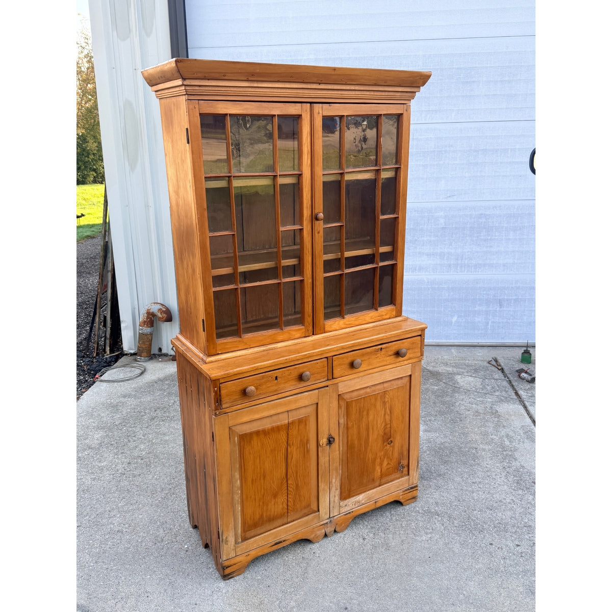 Antique 1800s Pine Stepback Hutch Cabinet With Wavy Glass Doors & Drawer Storage