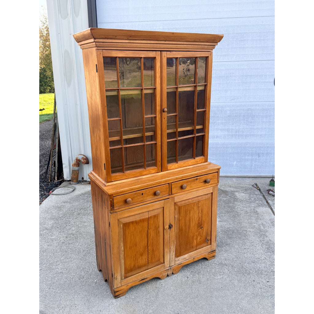 Antique 1800s Pine Stepback Hutch Cabinet With Wavy Glass Doors & Drawer Storage