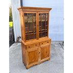 Antique 1800s Pine Stepback Hutch Cabinet With Wavy Glass Doors & Drawer Storage
