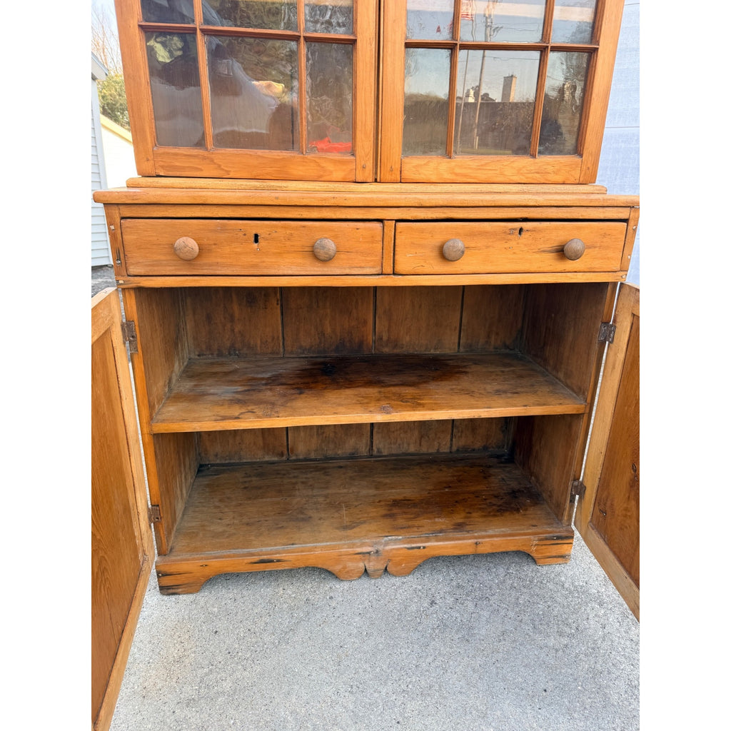 Antique 1800s Pine Stepback Hutch Cabinet With Wavy Glass Doors & Drawer Storage
