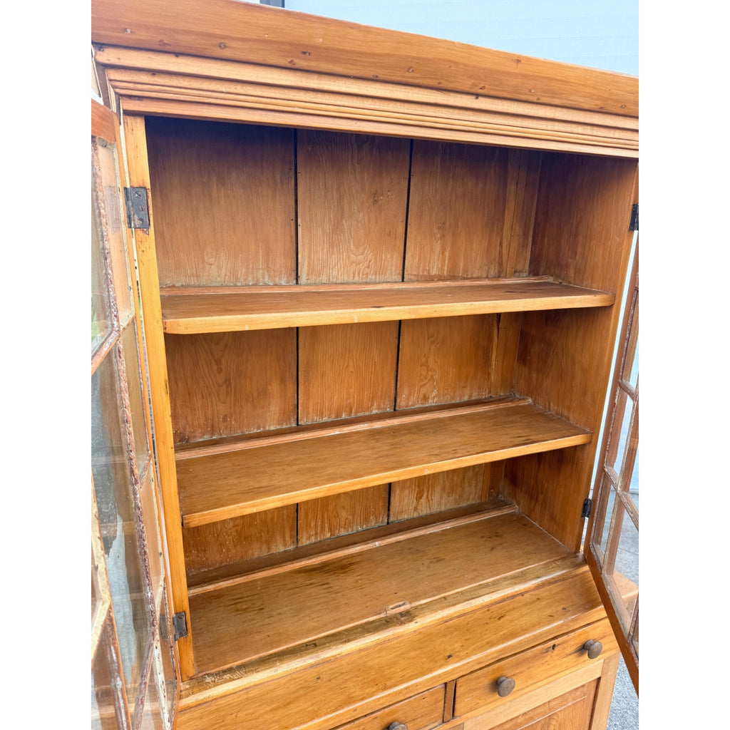 Antique 1800s Pine Stepback Hutch Cabinet With Wavy Glass Doors & Drawer Storage
