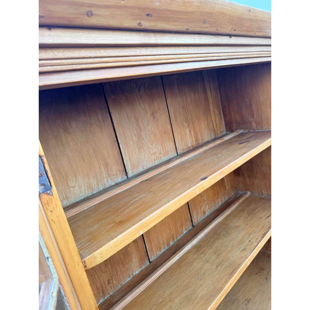 Antique 1800s Pine Stepback Hutch Cabinet With Wavy Glass Doors & Drawer Storage
