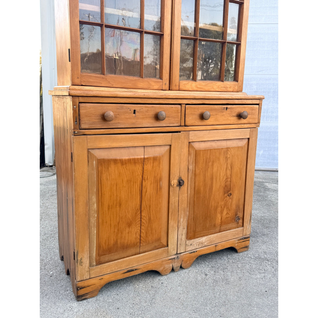 Antique 1800s Pine Stepback Hutch Cabinet With Wavy Glass Doors & Drawer Storage