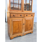 Antique 1800s Pine Stepback Hutch Cabinet With Wavy Glass Doors & Drawer Storage