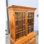 Antique 1800s Pine Stepback Hutch Cabinet With Wavy Glass Doors & Drawer Storage