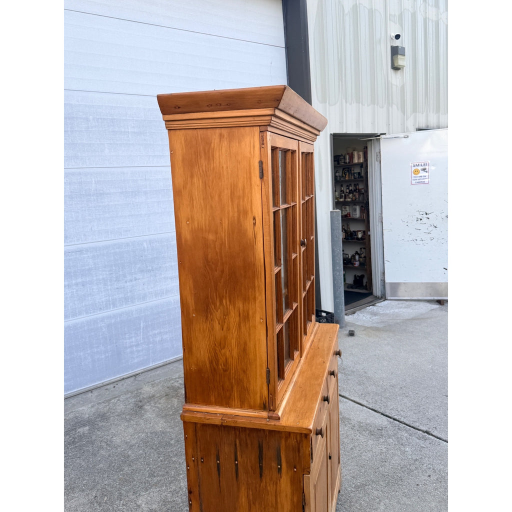 Antique 1800s Pine Stepback Hutch Cabinet With Wavy Glass Doors & Drawer Storage