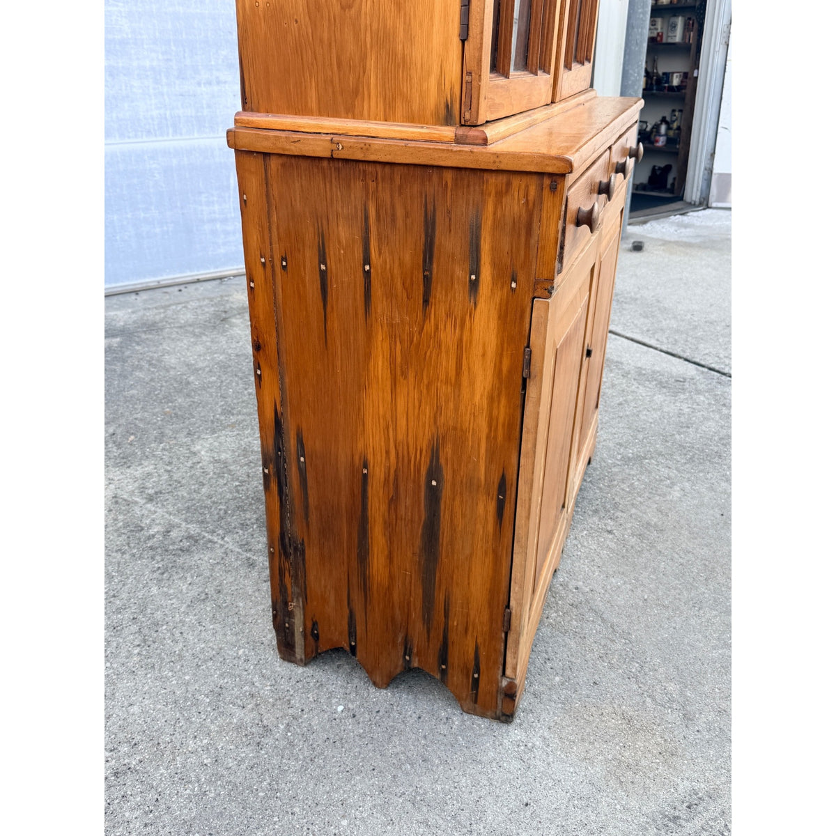 Antique 1800s Pine Stepback Hutch Cabinet With Wavy Glass Doors & Drawer Storage