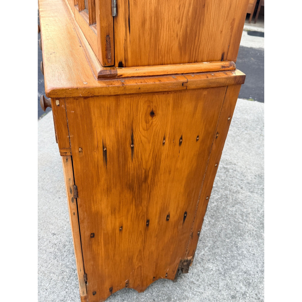 Antique 1800s Pine Stepback Hutch Cabinet With Wavy Glass Doors & Drawer Storage