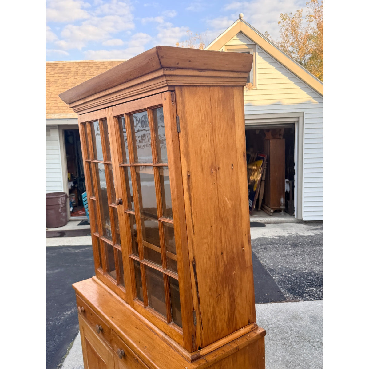 Antique 1800s Pine Stepback Hutch Cabinet With Wavy Glass Doors & Drawer Storage