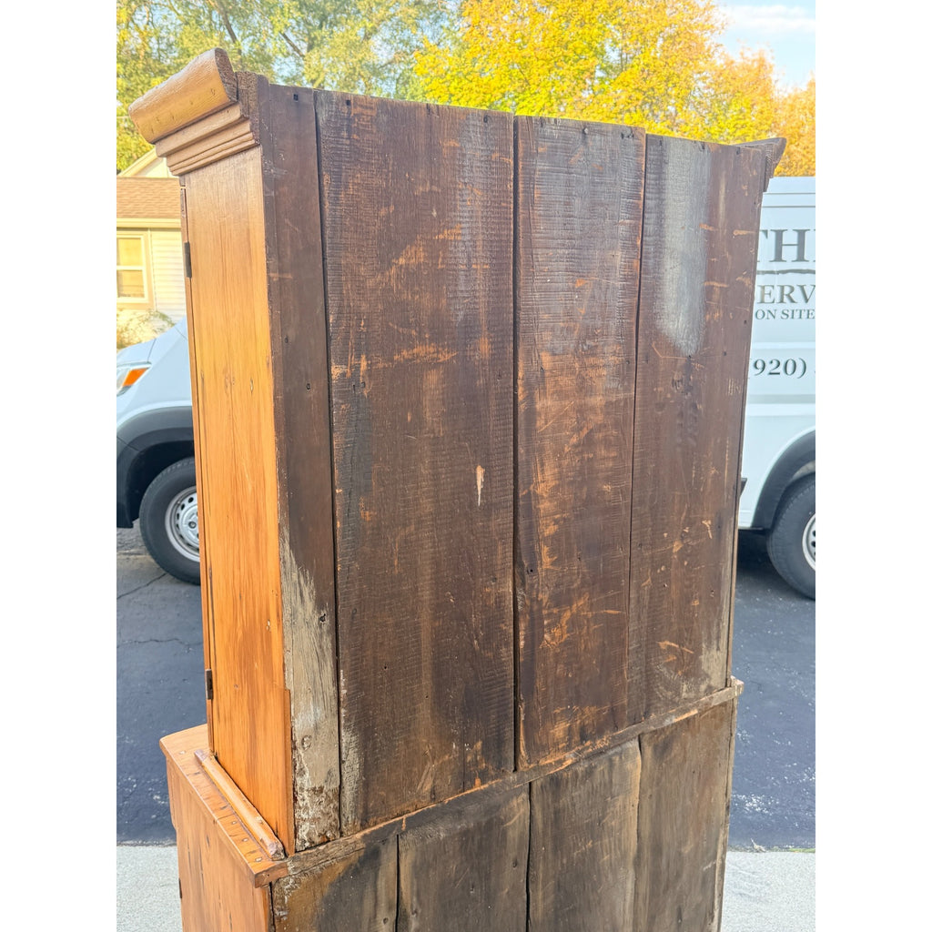 Antique 1800s Pine Stepback Hutch Cabinet With Wavy Glass Doors & Drawer Storage