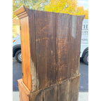 Antique 1800s Pine Stepback Hutch Cabinet With Wavy Glass Doors & Drawer Storage